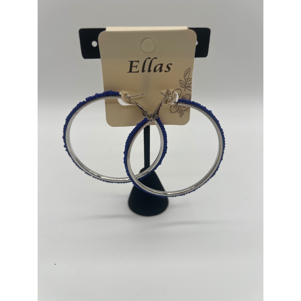 Ellas Silver Tone Blue Beaded Hoop Earrings Oversized Cobalt Seed Bead Hoops